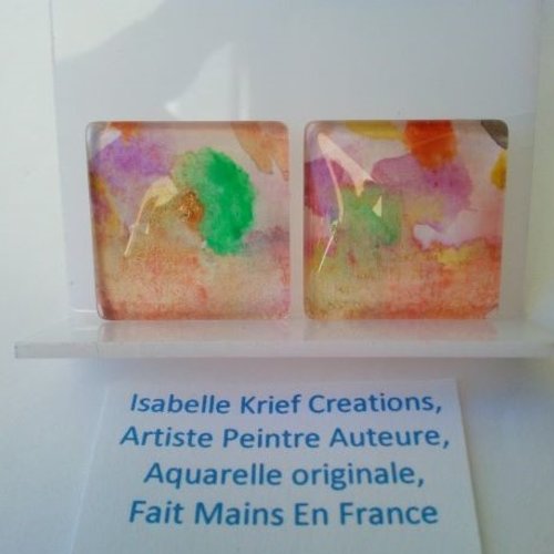 25mm cabochon verre carre,aquarelle ooak peint artiste française,rose orange vert rouge,fourniture bijou mercerie,boho bobo gothique