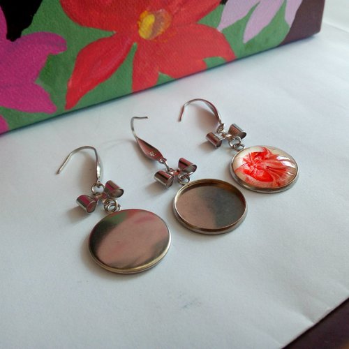 Lot,18 mm,base boucle oreille,crochets,acier inoxydable 316,noeud romantique,collage cabochon rond,fond plat,verre image fimo