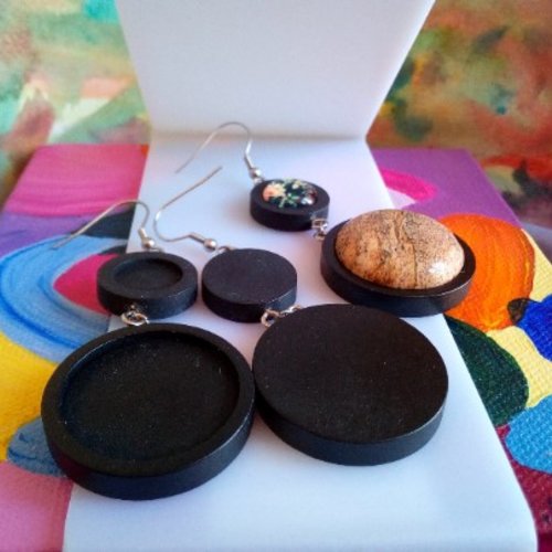 Base boucle oreilles bois noir, collage 2 cabochons rond 12mm et 25mm,fond plat,image verre,fourniture bricolage mercerie,crochet acier 316l