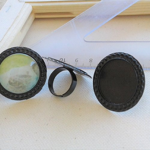 25 mm,base bague noire ajustable,bordure fleur petale,collage cabochon rond,fond plat,verre image fimo peinture,fourniture bricolage