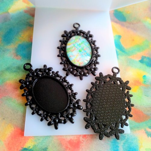 18x25mm,base pendentif laiton noir art nouveau fleuri,collage cabochon oval,fond plat,fourniture bricolage mercerie