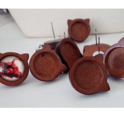 12 mm,lot,support boucles oreilles chat en bois avec clous acier chirurgical,collage cabochon rond fond plat,fourniture mercerie bijou brico