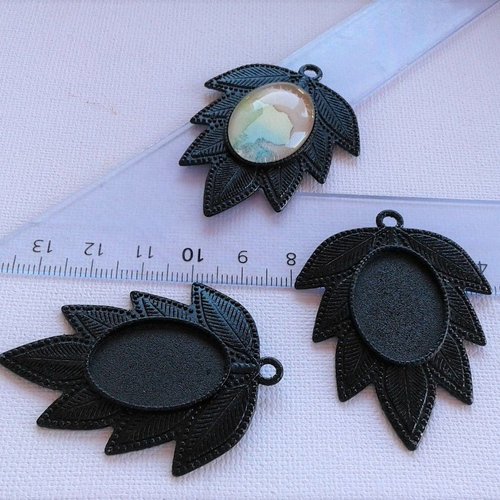Base pendentif grande feuille tombante,laiton noir,collage cabochon oval 18x25mm,fond plat,image verre fimo