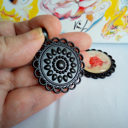 30mm,base pendentif laiton noir,mandala fleuri art nouveau,collage cabochon fond plat,fimo image verre,fourniture diy bijou