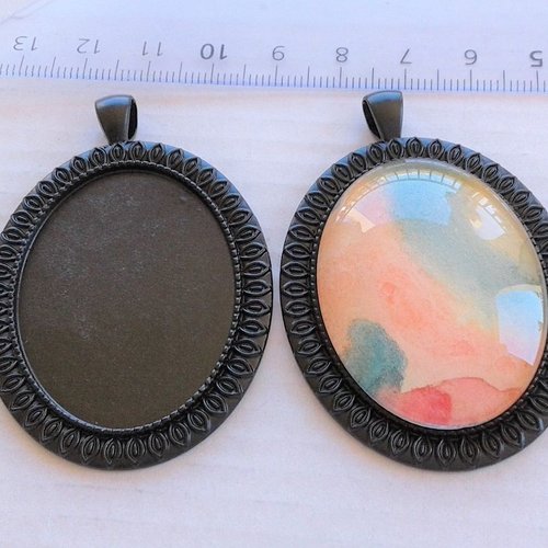 30x40 mm,base pendentif connecteur noir,bordure fleurs,collage cabochon oval,fond plat,verre image fimo,fourniture bijou mercerie
