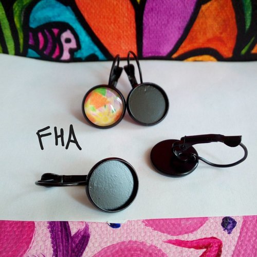 12 mm, lot base boucle oreille percee,dormeuse noire,collage cabochon rond plat,image verre fimo,fourniture mercerie,diy bijou