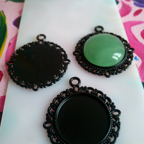 20mm,base pendentif laiton noir,bordure fleur lys petits ponts,collage cabochon rond fond plat,verre image fimo,fourniture bijou bricolage
