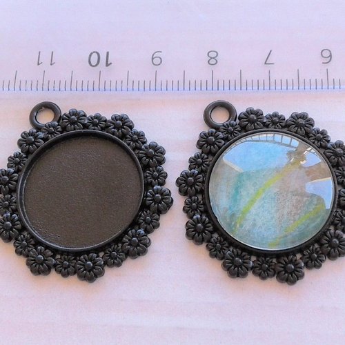 20 mm,base pendentif noir,bordure fleurs,collage cabochon rond,fond plat,verre image fimo,fourniture bijou bricolage mercerie,scrap deco