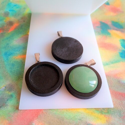 20mm,bois noir acier inox,base pendentif,belière,collage cabochon rond,fond plat,verre image fimo,fourniture bijou boho ,bobo gothique