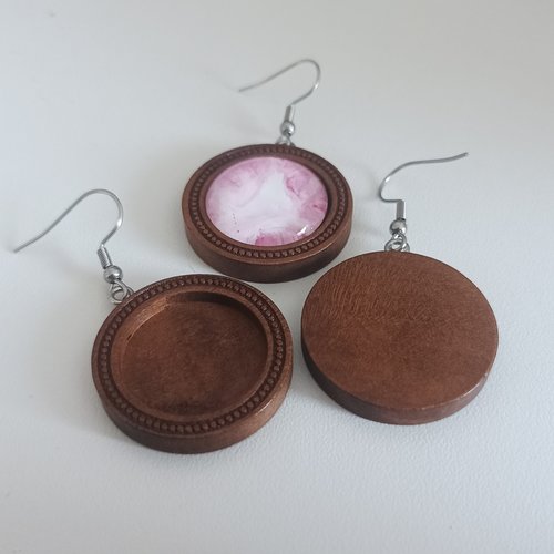 20mm,lot,support boucle oreille bois avec crochet acier chirurgical,collage cabochon rond ,pierre image resine,fourniture mercerie bijou