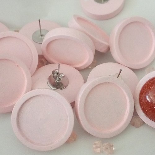20 mm,lot,support boucle oreille en bois rose avec clou acier chirurgical,collage cabochon rond fond plat,fourniture mercerie bijou brico