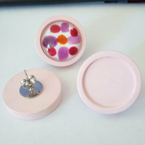 Lot,20mm base boucle oreille bois rose avec tige fermoir poussoir acier inoxydable,collage cabochon rond fond plat,image fimo verre