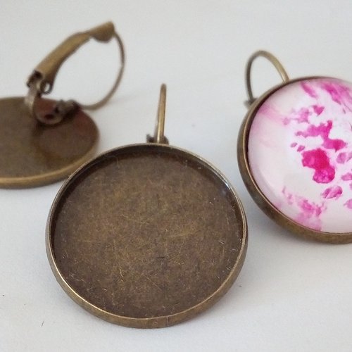 20mm,base boucles oreilles dormeuses laiton bronze,collage cabochon rond fond plat,verre image fimo resine,fourniture bricolage mercerie