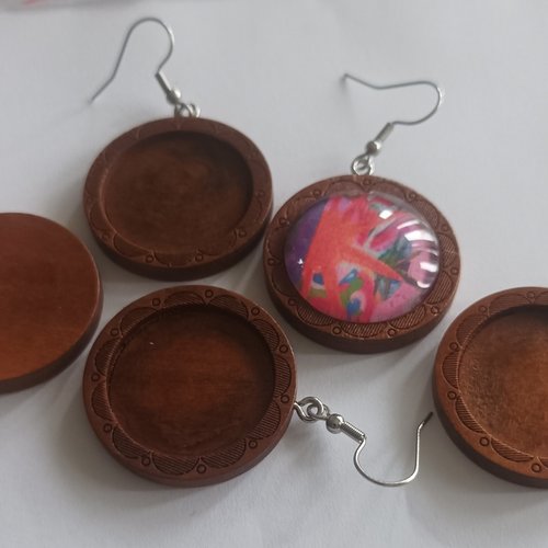 Lot, base boucle oreille en bois avec crochets,collage cabochon rond 25mm, fond plat,image verre,fourniture bricolage mercerie,boho
