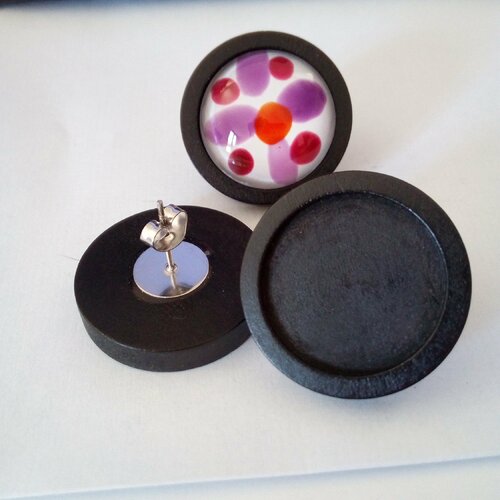 Lot,acier inox 316l bois noir,20mm,base boucle oreille percée,puce tige,collage cabochon rond,fond plat,image verre fimo,fourniture bijou