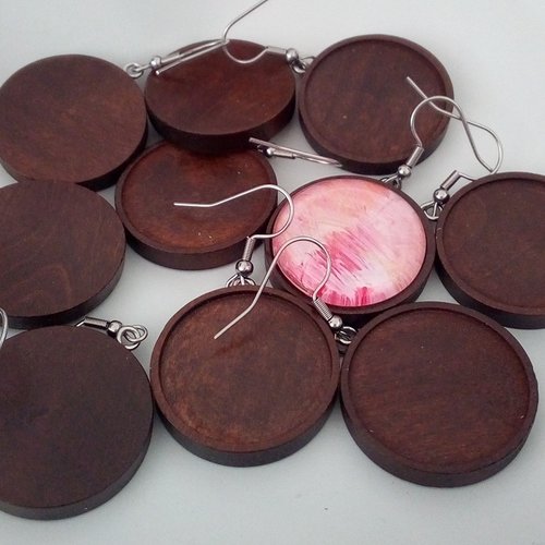 Lot,25mm,acier inox bois,base boucle oreilles,crochets,collage cabochon rond plat,image verre resine,fourniture bricolage mercerie,boho