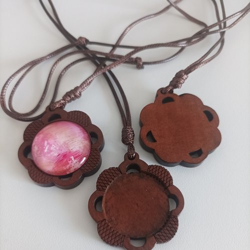 Kit collier, pendentif fleur en bois,collage cabochon rond fond plat,dia 25mm,image fimo resine,avec cordon coton,fourniture mercerie bijou