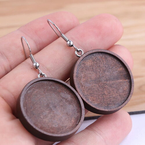 25mm,lot,support boucles oreilles en bois avec crochets acier chirurgical,collage cabochon rond fond plat,fourniture mercerie bijou brico