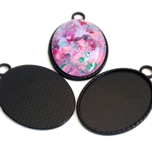 30x40 mm,base pendentif connecteur noir,collage cabochon rond,fond plat,verre image fimo,fourniture bijou bricolage mercerie