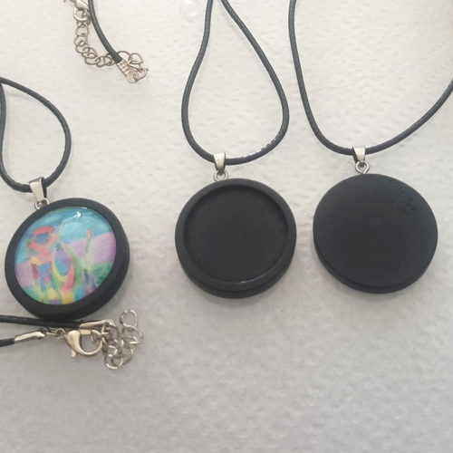 Kit collier pendentif en bois noir,collage cabochon rond 25mm,fond plat,plat,verre fimo image,cordon 51 cm ajustable, fourniture bricolage m