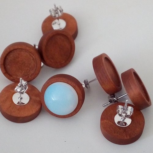 12mm lot 5 paires,base boucle oreille bois support cabochon rond collage fond plat,fimo image verre,fourniture diy bijou,tige poussoir acier