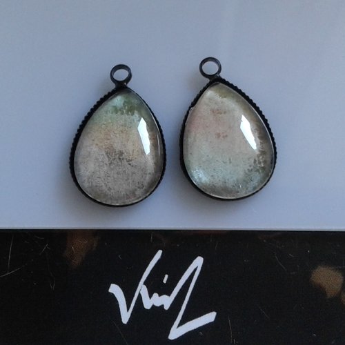 2 pendentif breloques,aquarelle originale,vert rose,base laiton noir,cabochons gouttes 13x18mm