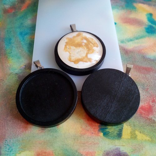 Base pendentif bois noir,belière acier inoxydable,collage cabochon rond 30mm,fond plat,verre image fimo,fourniture bricolage mercerie