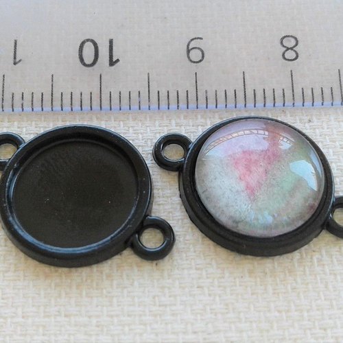 12 mm,base pendentif connecteur noir,2 anneaux,fond plat,verre image fimo,fourniture bijou bricolage mercerie,scrap deco,punk gothique bohem