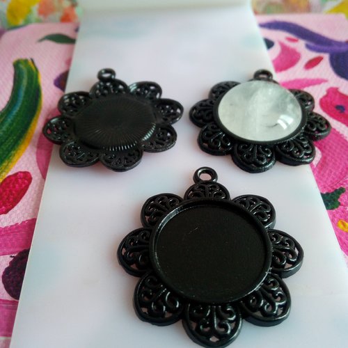 20mm,base pendentif fleur laiton noir collage cabochon rond,fond plat,image fimo pierre,fourniture bijou mercerie bricolage