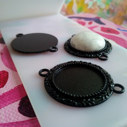 20mm,base pendentif connecteur feuillage noir 2 anneaux,collage cabochon rond plat,verre image fimo,fourniture bijou mercerie