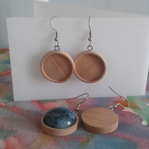 20mm,lot,base boucles oreilles bois,crochets acier inoxydable,collage cabochon rond fond plat,verre image fimo pierre,fourniture bricolage