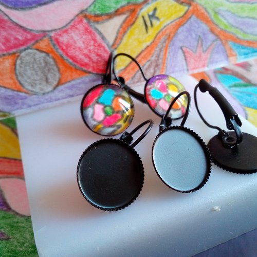 Lot ,base dormeuses,boucle oreille percée,laiton noir,collage cabochon rond 14mm,fond plat,image verre fimo