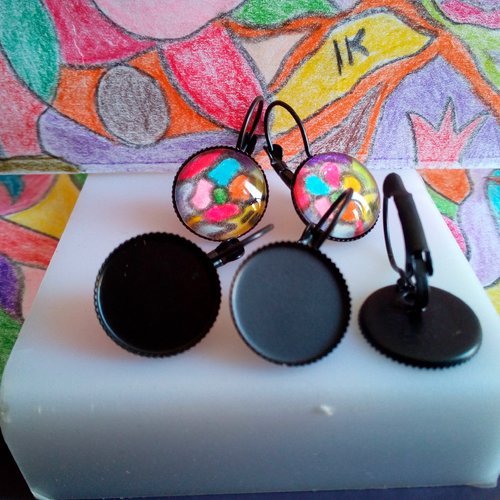 Lot ,base dormeuses,boucle oreille percée,laiton noir,collage cabochon rond 14mm,fond plat,image verre fimo
