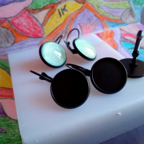Lots base dormeuse noire,boucle oreille percée,collage cabochon rond 14mm,fond plat,image verre fimo,fourniture