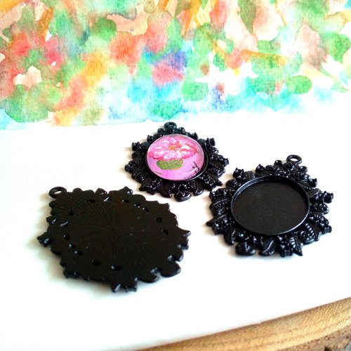 18x25mm,base pendentif noir,collage cabochon oval,fond plat,verre image fimo,feuillage fleuri art nouveau,baroque bobo gothique,diy