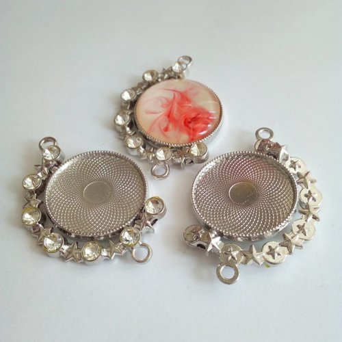 Lot,25mm,base pendentif,medaillon rotation double face,laiton argente,strass blancs,collage cabochon rond fond plat,lune soleil