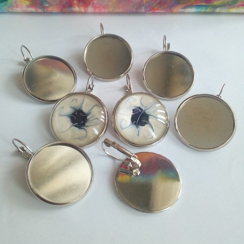 25mm,lot,dormeuses,base boucle oreille percée,metal argente rhodié,collage cabochon rond fond plat,verre image fimo,fourniture bijou