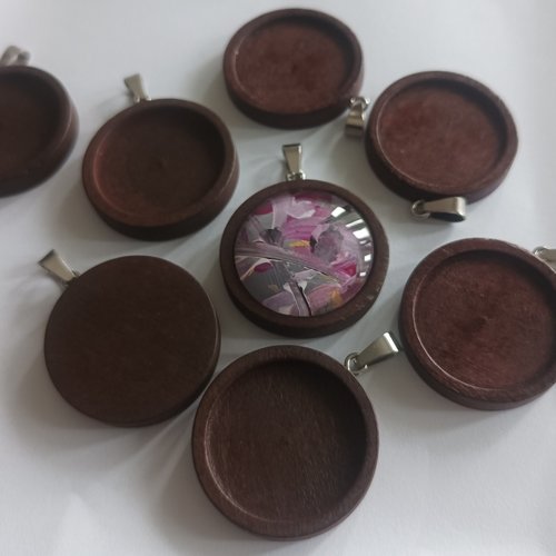 25mm,base pendentif,en bois avec beliere acier,support cabochon rond ,collage fond plat,verre image fimo,fourniture bricolage bijo