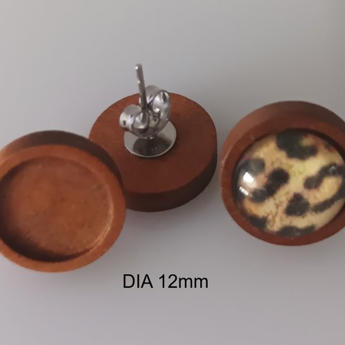 12mm lot,base boucle oreille en bois avec support cabochon rond collage fond plat,fimo image verre,fourniture diy bijou,tige poussoir acier