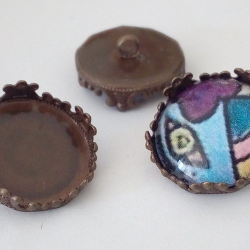 15mm, bouton laiton bronze, support cabochon rond,fond plat, collage verre image fimo resine pierre, fourniture bricolage mercerie