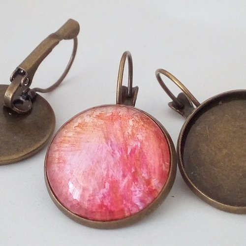 18mm, base dormeuses laiton bronze, boucles oreilles,collage cabochon rond,fond plat, verre image fimo resine pierre, fourniture bricolage