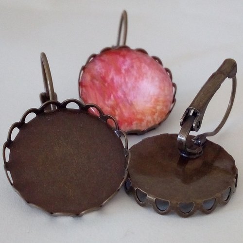 18mm, base dormeuses laiton bronze, fleuri,boucles oreilles,collage cabochon rond,fond plat, verre image fimo resine pierre, fourniture bric