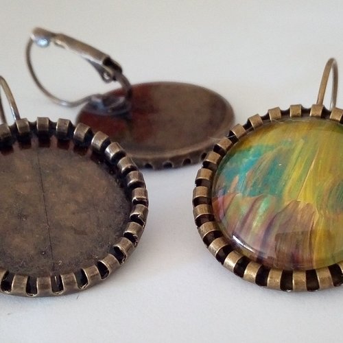 20mm, base dormeuses laiton bronze, fleuri, boucles oreilles,collage cabochon rond,fond plat, verre image fimo resine pierre, fourniture diy