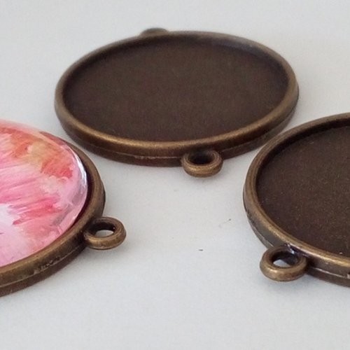 25mm,base pendentif laiton  bronze,2 anneaus,avec support cabochon,collage fond plat,image verre fimo pierre resine,fourniture bricolage