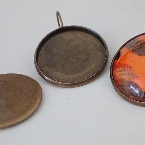 25mm, base dormeuses laiton bronze, boucles oreilles,collage cabochon rond,fond plat, verre image fimo resine pierre, fourniture bricolage m