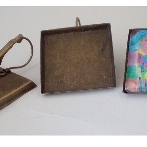 25mm, base dormeuses laiton bronze, boucles oreilles,collage cabochon carré,fond plat, verre image fimo resine pierre, fourniture bricolage