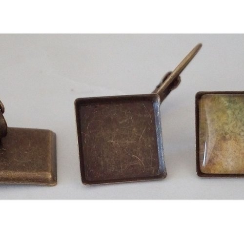 12mm, base boucles oreilles dormeuses, laiton bronze,collage cabochon carré,fond plat, verre image fimo resine pierre, fourniture bricolage