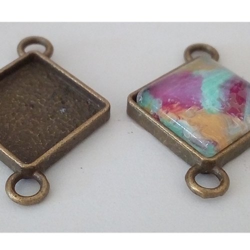12mm, base pendentif connecteur laiton bronze, support cabochon carré,fond plat, collage verre image fimo resine pierre, fourniture bijou
