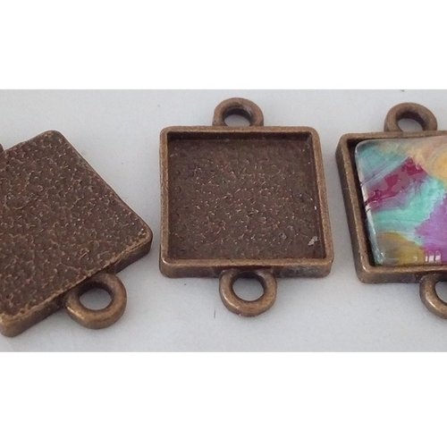 12mm, base pendentif laiton bronze, support cabochon carre,fond plat, collage verre image fimo resine pierre, fourniture bricolage mercerie,