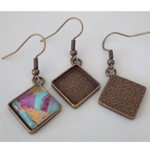 12mm, base boucles oreilles crochets avec pendentifs laiton bronze, pour cabochon carre,fond plat, collage verre image fimo resine pierre